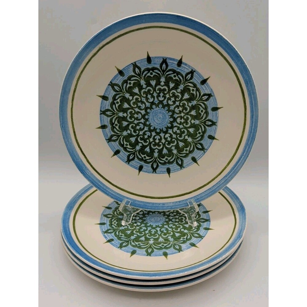 Vtg Royal Ironstone Cavalier Blue & Green Floral Dinner Plates Set Of 4 USA